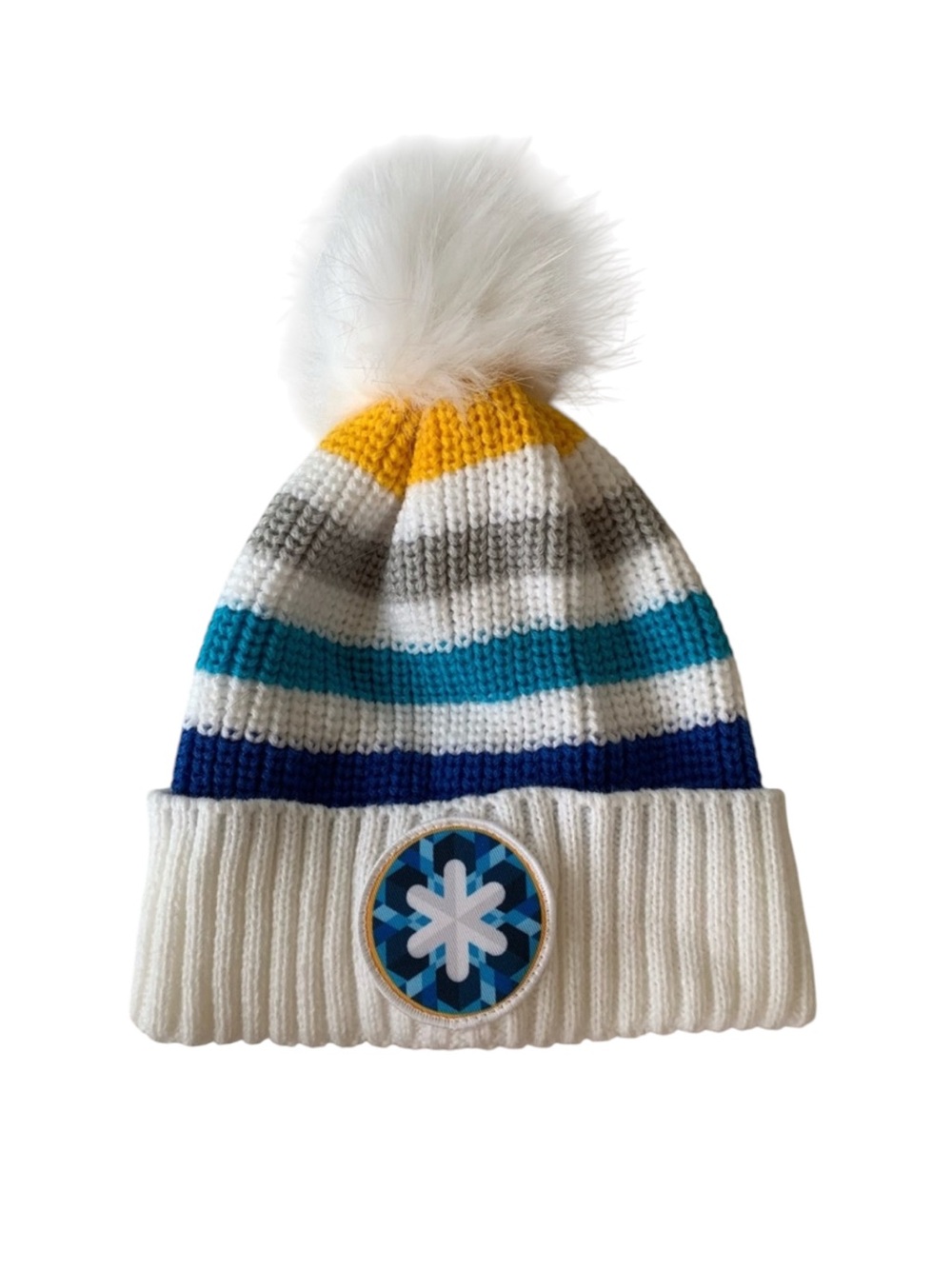 Striped Knitted White & Blue Toque with Fuzzy Pom Pom